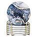 6 Pcs Navy Blue Marble Abstract Ceramic Coasters with Holder Best Absorbent Drink Coasters Round Ceramic Table Coasters Set Decorative Coffee Cup Beverage Coasters Wine Beer Bar Coasters