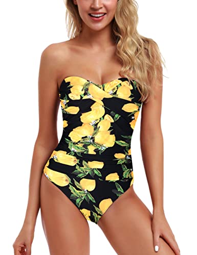 Hilor Women's Strapless Bandeau One Piece Swimsuits Tummy Control Swimwear Ruched Bathing Suits Lemon 14 #TOP18
