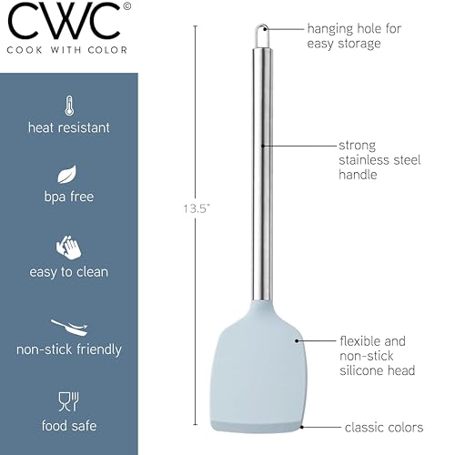 COOK WITH COLOR Silicone Cooking Utensils, 10 Pc Kitchen Utensil Set, Easy to Clean Silicone Kitchen Utensils, Cooking Utensils for Nonstick Cookware, Kitchen Gadgets Set (Blue and White)