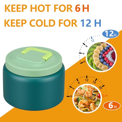 Image of PIQUEBAR Small Lunch Thermo Food Container Stainless Steel,Food for Preschool Travel (Green)