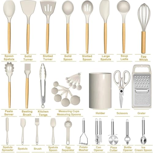 Premium Kitchen Utensils Set- 34 Pieces Cooking Utensils with Grater, Tongs, Spoon Spatula &Turner, Heat Resistant Food Grade Silicone and Wooden Handles Kitchen Gadgets, Non-stick Cookware