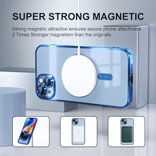 Image of Misea Magnetic for iPhone 14 Plus Case Compatible with MagSafe | [Never Yellowing] [Military Drop Protection] Full Camera Lens Protector Plating Soft Clear Phone Case for Women, Deep Blue