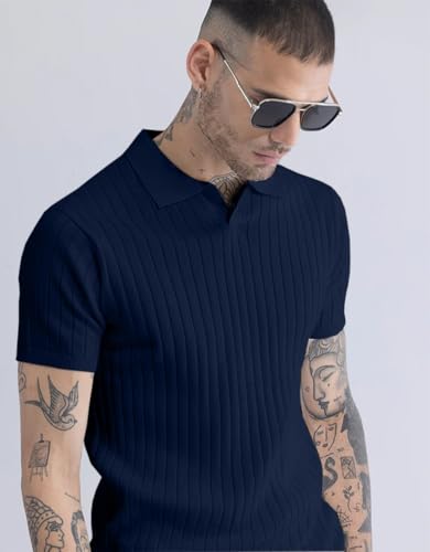 Image of Veirdo Men's Casual Ribbed Polo Collar Knit T-Shirt | Regular Fit Half Sleeve Polo for Men | Flat Knit Textured T-Shirt Perfect for Office, Party, Travel
