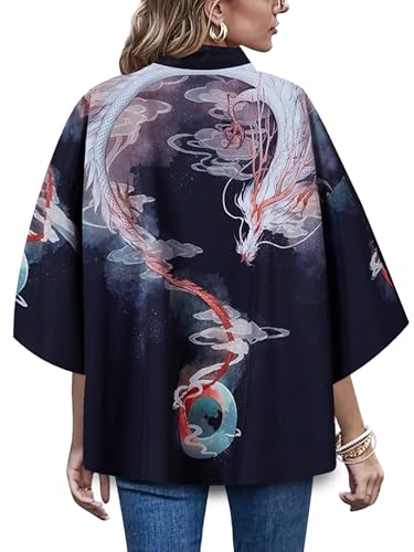 Image of LAI MENG FIVE CATS Women's Floral Print Loose Blouse Japanese Kimono Tops | Puff Sleeve,Cover up Top,Casual Cute Tops,Summer Cardigans 2026