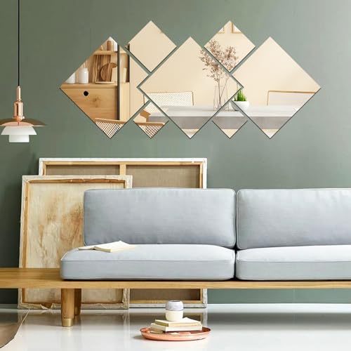 LAGAHS 7 Stück Wandspiegelfliesen, rhombische Spiegelaufkleber für Schlafzimmer, Zuhause, Fitnessstudio, Kleiderschrank, Türen, Dekorationen (Silber)
