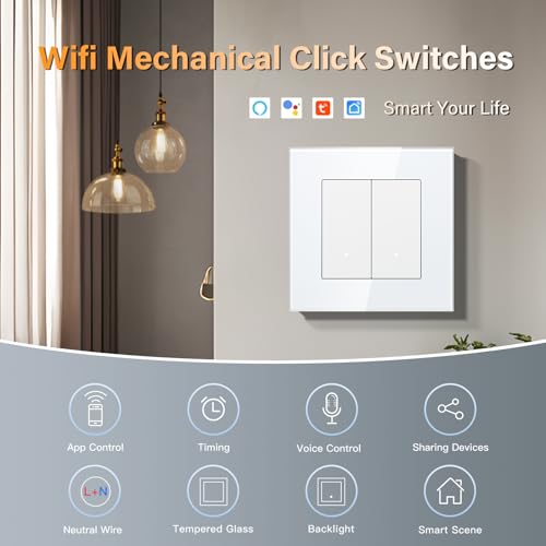 BSEED Lichtschalter Glas Smart WiFi Wechselschalter Compatibel mit Google Home und Alexa Neutrale Leitung Ben&ouml;tigt, 2 Fach 2 Wege,86mm Wei&szlig;, 2 Pack