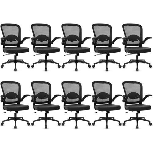 Image of KLASIKA Desk Chairs with Wheels, Ergonomic Mesh Back PU Leather Seat Home Office Adjustable Lumbar Support and Height Swivel Rolling Computer Task Chair with Flip Up Arms for Conference, Black, 10PK