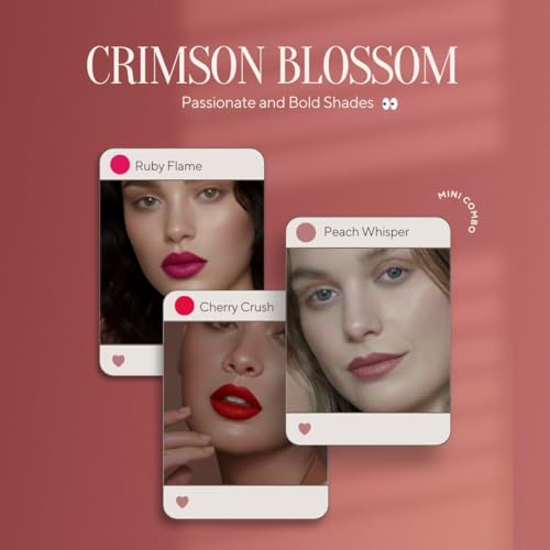 Image of Mini Lipstick Combo Pack Of 3 I Long Lasting 2 Matte & 1 Shiny Liquid Lipsticks | Travel Friendly Lip Stick Gift Pack | One Swipe Pigmentation | Multicolor Lipsticks I Transfer Proof I Highly Pigmented I Smudge Proof Lipstick I (CRIMSON BLOSSOM, Set of 3)