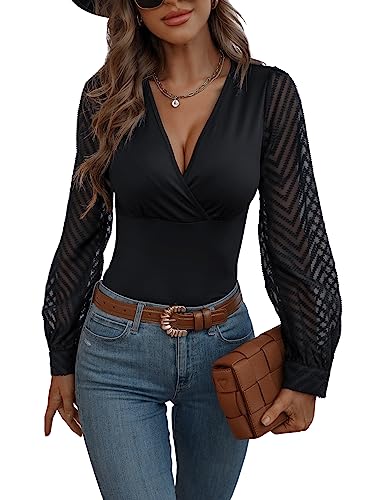GORGLITTER Langarmshirt Mit V Ausschnitt Damen Mesh Oberteil Langarm...