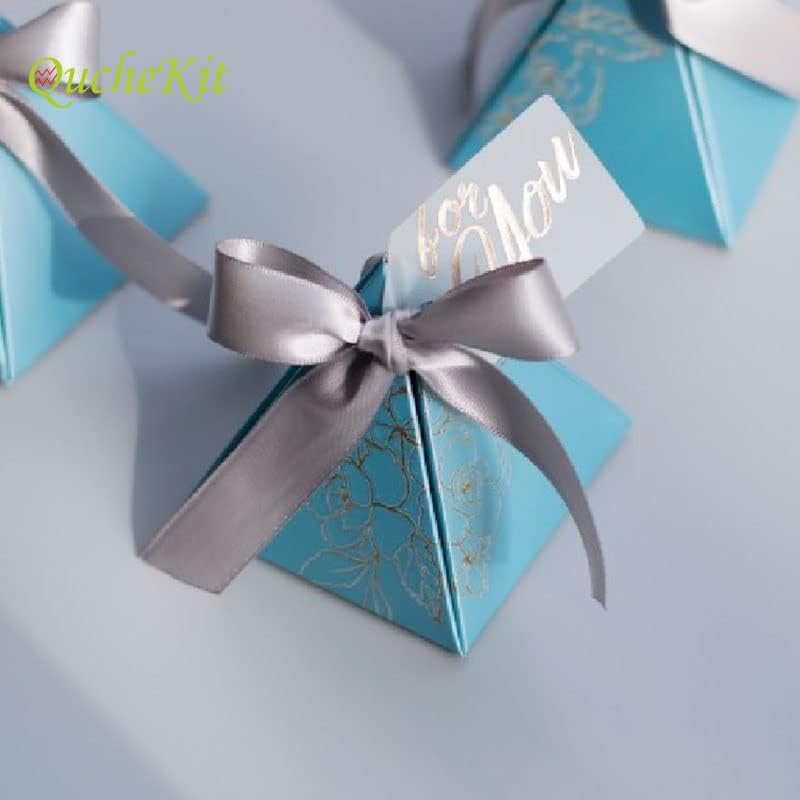 New Triangular Pyramid Candy Box Wedding Rose Paper Gifts Boxes with Card & Ribbon Candy Bags for Guests Chocolate Packaging Box (Blue,100pcs)