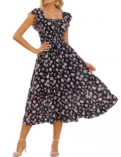 Image of GRACE KARIN 2026 Women's Spring Floral Midi Dress Square Neck Beach Wedding Guest Dresses Flowy A Line Casual Summer Clothes