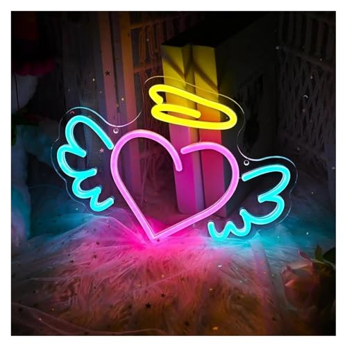 Enseigne au néon ailes d'ange et cœur avec variateur de lumière en silicone LED durable