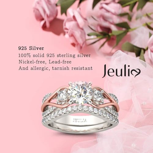 Jeulia Two Tone Rings for Women Rose Gold Three Stone Round Cut Engagement Rings Sterling Silver Halo Bridal Ring Set Anniversary Promise Wedding Ring with Jewelry Gift Box (7) - Image 4