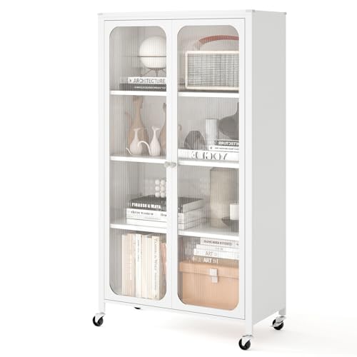 Giantex Bookcase with Doors 58 Tall 4-Tier Bookshelf with Wheels Adjustable Shelves Heavy Duty Metal Frame Freestanding Display Storage Cabinet for Living Room Bedroom Kitchen Pantry White