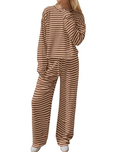 Image of MISSACTIVER Women's Striped 2 Piece Lounge Set Casual Long Sleeve T-Shirt Drawstring Wide Leg Pants Matching Pajamas Set