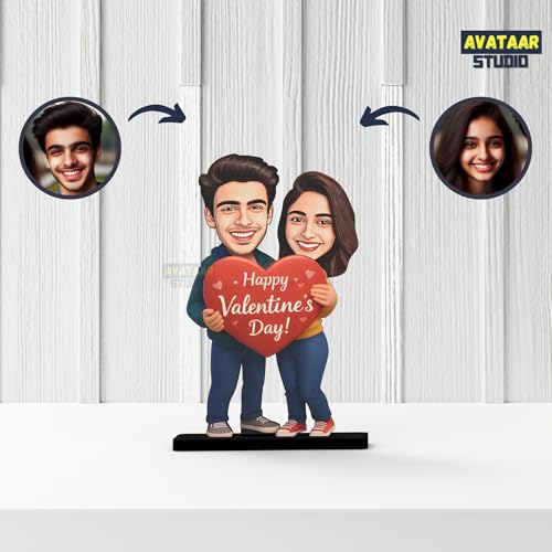 Image of Wood Rectangular Personalized Caricature Gift for Couple, 7 Inches, Tabletop Multicolor, Art Deco Style (LOVING COUPLE 1)