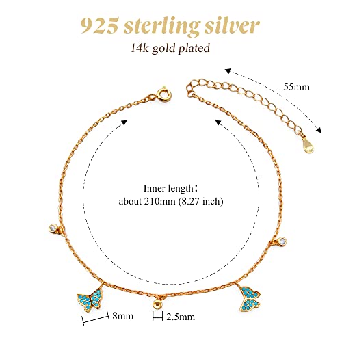 Positivelady 925 Sterling Silver Anklet Blue Butterfly Ziron Charm 14K Gold Plated For Woman Girl Romantic Sweet Gift Adjustable #TOP6