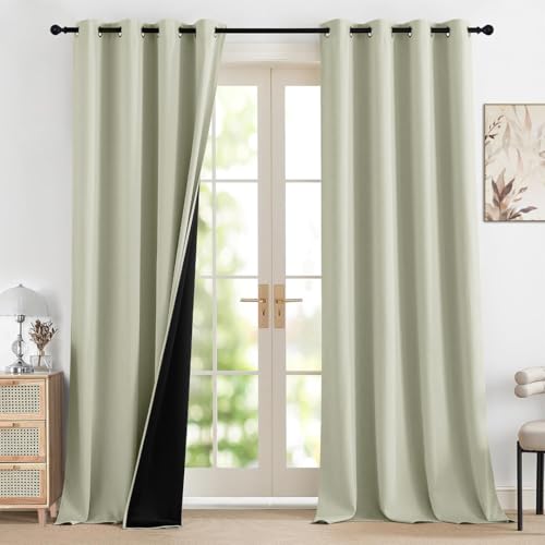 HOMEMONDE 100% True Blackout Curtains -Long Door Curtains 8 Feet Single Piece - Thermal Insulation Blackout Curtain, Black Backing & Fade Resistant Drapes - 96 Inch, Ivory Mist