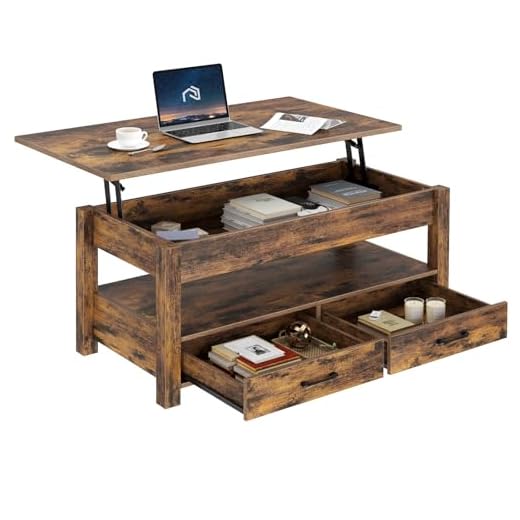 Rolanstar Coffee Table, Lift Top Coffee Table with Drawers and Hidden Compartment, Retro Central Table with Wooden Lift Tabletop, for Living Room, Rustic Brown