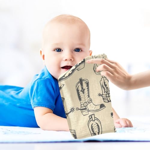 Image of Cowboy Boots Baby Muslin Washcloths Face Towel, Western Burp Cloths Cotton Wipes 3 Pack Infant Wash Cloth for Newborn Boys Girls 12x12 inches