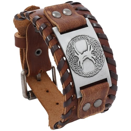 CALFOVERA Viking Echtes Lederarmband Ketten Damen Herren Baum des Lebens Gothic brownes Rindsleder Wickelarmband Verstellbarer Punk Nordisch Dara Keltischer Knoten Geflochtener Armreif Mit Yggdrasil