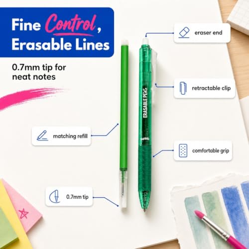 Image of BUNMO Erasable Gel Pens - Multicolor Erasable Colored Pencils for Smooth Writing & Drawing - Gifts for Teens - 10 Colorful Pens with 10 Refills Included