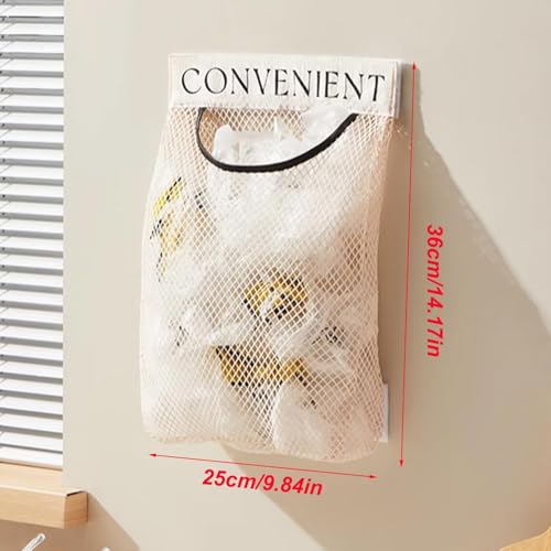 Wall Mount Mesh Storage Bag, Hanging Plastic Bag Organizer with Elastic Opening, Foldable Container for Kitchen, Bathroom