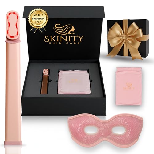 Masajeador Facial Antiarrugas con Luz Roja LED y EMS Lifting | Reafirmante Cara Cuello Papada | 4 Modos Calor 45°C | Set + Antifaz Frío Calor Contorno Ojos Ojeras | Piel Sensible | SKINITY