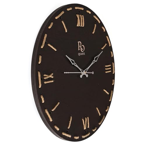 Image of Wooden Round Shape Roman Dial Wall Clock with Silver Hands & Golden Jute Rope Detailing | Silent Quartz Movement Anti Reflection Analog Vintage Clock for Office & Home (Black, 15.5 Inch)