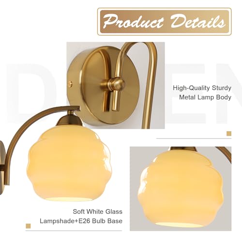 Image of Brushed Brass Wall Sconces 1 Light Mid Century Modern Antique Gold Wall Light Fixture with Yellow Globe Glass Shade Industrial Indoor Wall Lamps for Mirror Bedroom Hallway MCL13GD-1 (1 Pack)