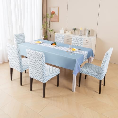 Image of HOMETHREADS Stretchable Elastic Jacquard Chair Seat Cover and Waterproof Dining Table Cover | Removable,Washable & Durable Chair Protector |for Dining Room (F Blue, 4Chairs+1Table Cover (150X180))