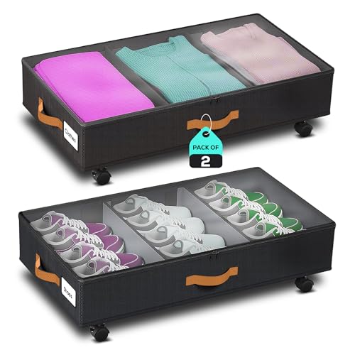 Under Bed Storage with Wheels, 2 Pack (36L Each)| Low Profile Storage Organizer with Clear Window, Double Zipper & 360° Locking Wheels – Rolling Metal Drawer for Clothes, Shoes, & More (Black)