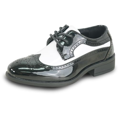 VANGELO Boy Dress Shoe TAB-3 Oxford Tuxedo Shoe for Prom, Uniform, Prom and Formal Events Wing Tip Black White Two Tone Size Little Kid 13K