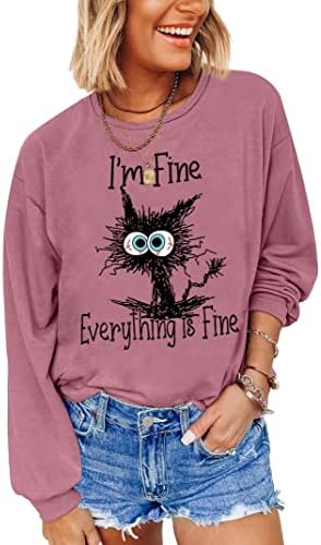 JoyJoy I'm Fine Everything is Fine Cat Sweatshirt Women's Cute Long Sleeve Top Loose Crewneck Pullover Sweatshirt Pink