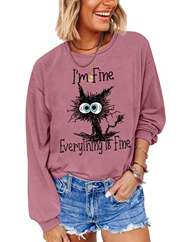 Joyjoy I'm Fine Everything Is Fine Cat Sweatshirt Women's Cute Long Sleeve Top Loose Crewneck Pullover Sweatshirt Pink #TOP2