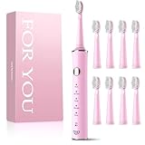 JTF Electric Toothbrushes for Adults with 2 Mins Smart Timer,Sonic Electric Toothbrush with 5 Modes & 8 Replacement Toothbrush Heads,2 Hours Fast Charge for 45 Days,Pink