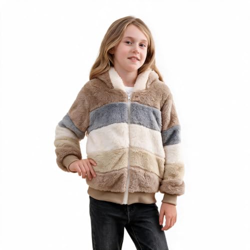 Image of Girls Fleece Jackets Kids Sherpa Fuzzy Zip up Hoodie Fall Winter Contrast color Pullover Sweatshirt 4-12 Years