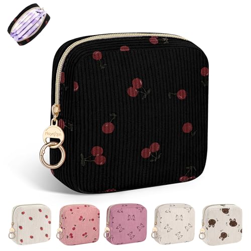 Image of Period Bag for Girls, Corduroy Sanitary Napkin Pouch, C-Black | Cherry Menstrual Pad Pouches Tampon Holder for Purse, Period Pouches for Storage Sanitary Napkin, Menstrual Cup, Pad, Tampo