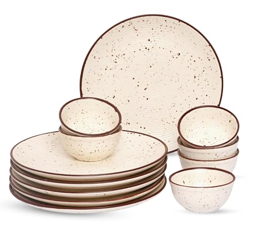 Image of Handcrafted Ceramic Stoneware Dinner Set of 12 Pieces with Serving Bowls | 6 Dinner Plates & 6 Bowl /katori | Bone Ash Free | Microwave and Dishwasher Safe - Off White