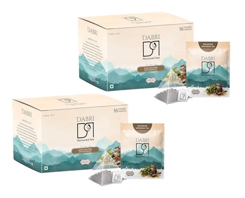 Image of DABRI Darjeeling Orthodox Black Tea 32 Pyramid Dip Tea Bags|Pack of 2 x 16 Bags Each|No muslin or paper used|Authentic Black Tea from the premium estates in Darjeeling|Light, Floral & Muscatel Flavor