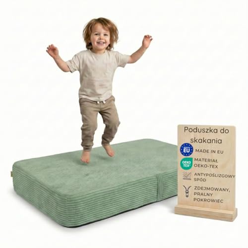Pillows24 – Poduszka do skakania dla dzieci do użytku w domu | 70x110x17 cm | Trampolina domowa dla dzieci ze sprężynami i pianką | Zdejmowany pokrowiec sztruksowy | Zielony