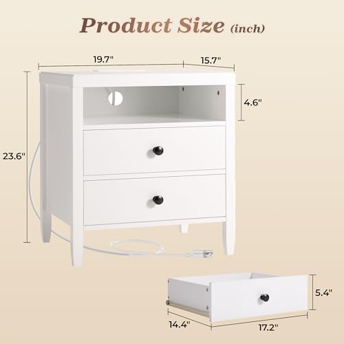 Image of Huuger White Nightstand Set of 2, Night Stand with Charger Station