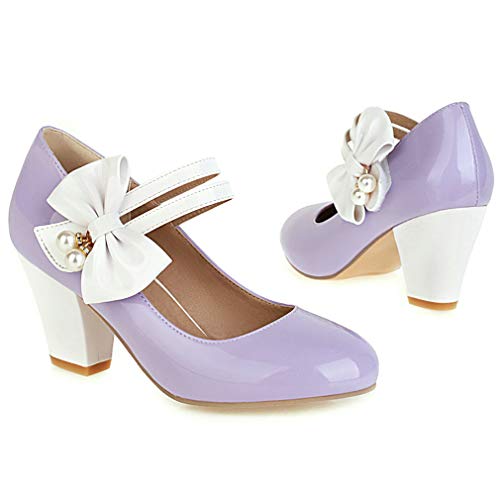 Parisuit Women's Chunky High Heels Mary Jane Pumps Vintage Ankle Strap Dress Sweet Shoes with Bow2