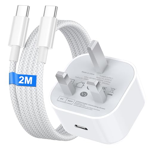 iPhone 15 16 17 Fast Charger 20W USB C Charger Plug with 2M Nylon USB C to Type C Cable for iPhone 17/16/16 Plus/16e/16 Pro Max/15/15 Plus/iPad Type C Plug UK Power Adapter and Nylon Braided Cable