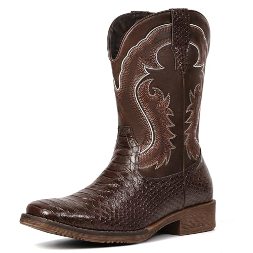 IUV Cowboy Boots for Men Faux Snake Skin Embroidered Western Boots Slip Resistant Square Toe Pull on Mid Calf Cowboy Boot