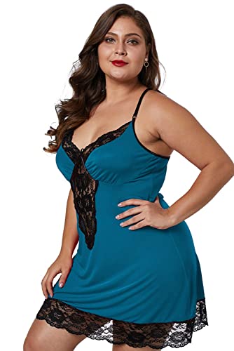 Lime Flare Women Sexy Plus Size Lace Trim Chemise Nightgown Silk Satin Sleep Nighty Lingerie Sleepwear Set (5X-Large(Us 30-32),Bluish Green With Satin Bow Detail) #TOP2
