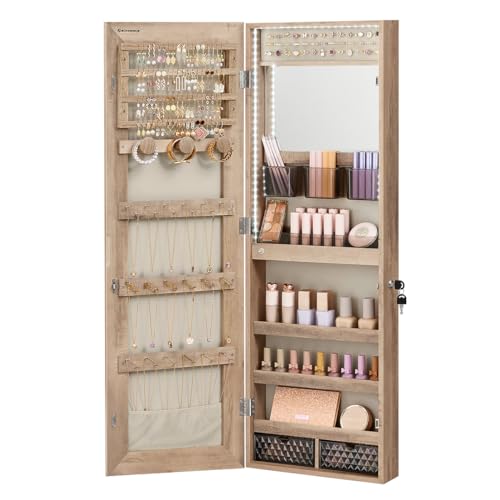Image of SONGMICS Jewelry Cabinet Armoire Organizer with LED Lights, Wall-Mounted Storage Cabinet with Full-Length Frameless Mirror, Built-in Makeup Mirror, 2 Drawers, Lockable, Camel Brown UJJC013N01