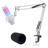 YOUSHARES - Brazo de micrófono de estudio profesional con protector de micrófono de espuma, filtro antipop de espuma, compatible con el micrófono HyperX QuadCast S, blanco