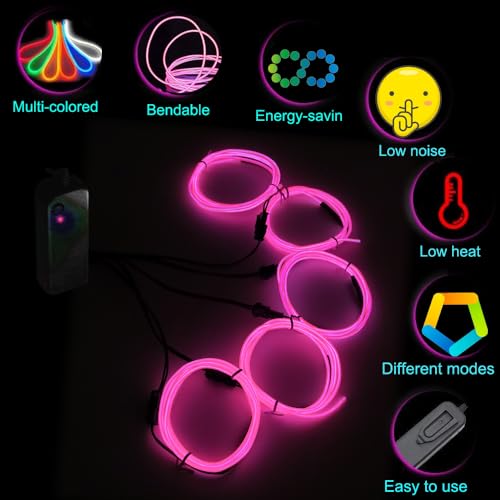 Image of MaxLax EL Wire, Portable Neon Lights EL Wire 5 in 1 Meter, Electroluminescent Wire for Halloween Decoration, Christmas Party, Blacklight Run,DIY Decoration (Pink, 2Pack 5 in1M)