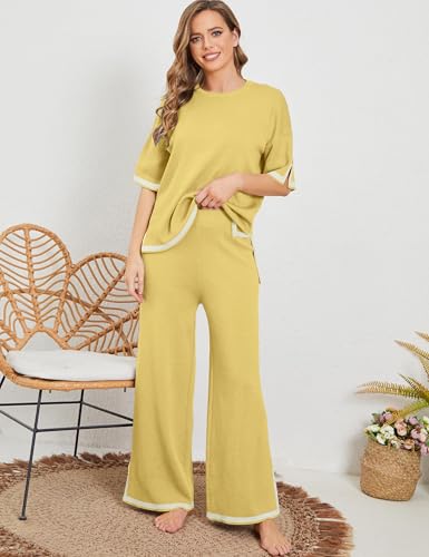 Image of Tanming Sweater Sets Women 2 Piece Lounge Sets Short Sleeve Knit Pullover Tops Wide Leg Pants